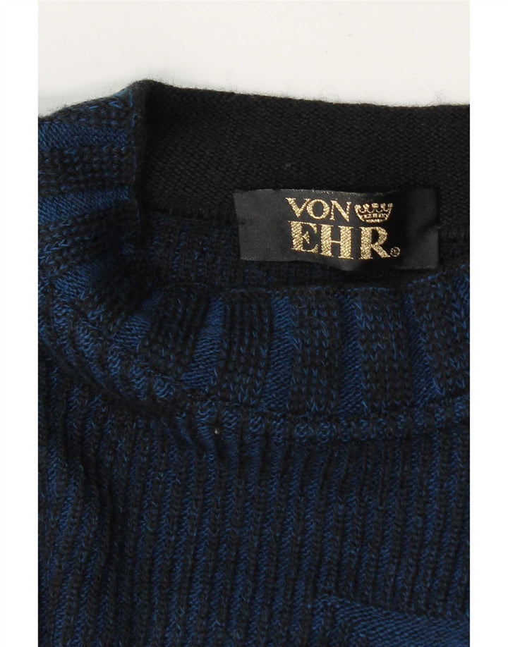 Suéter vintage masculino com gola redonda grande azul marinho geométrico