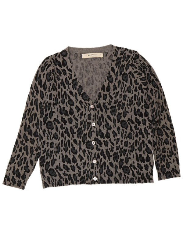 Suéter cardigã feminino Zara Reino Unido 14 grande cinza com estampa animal viscose