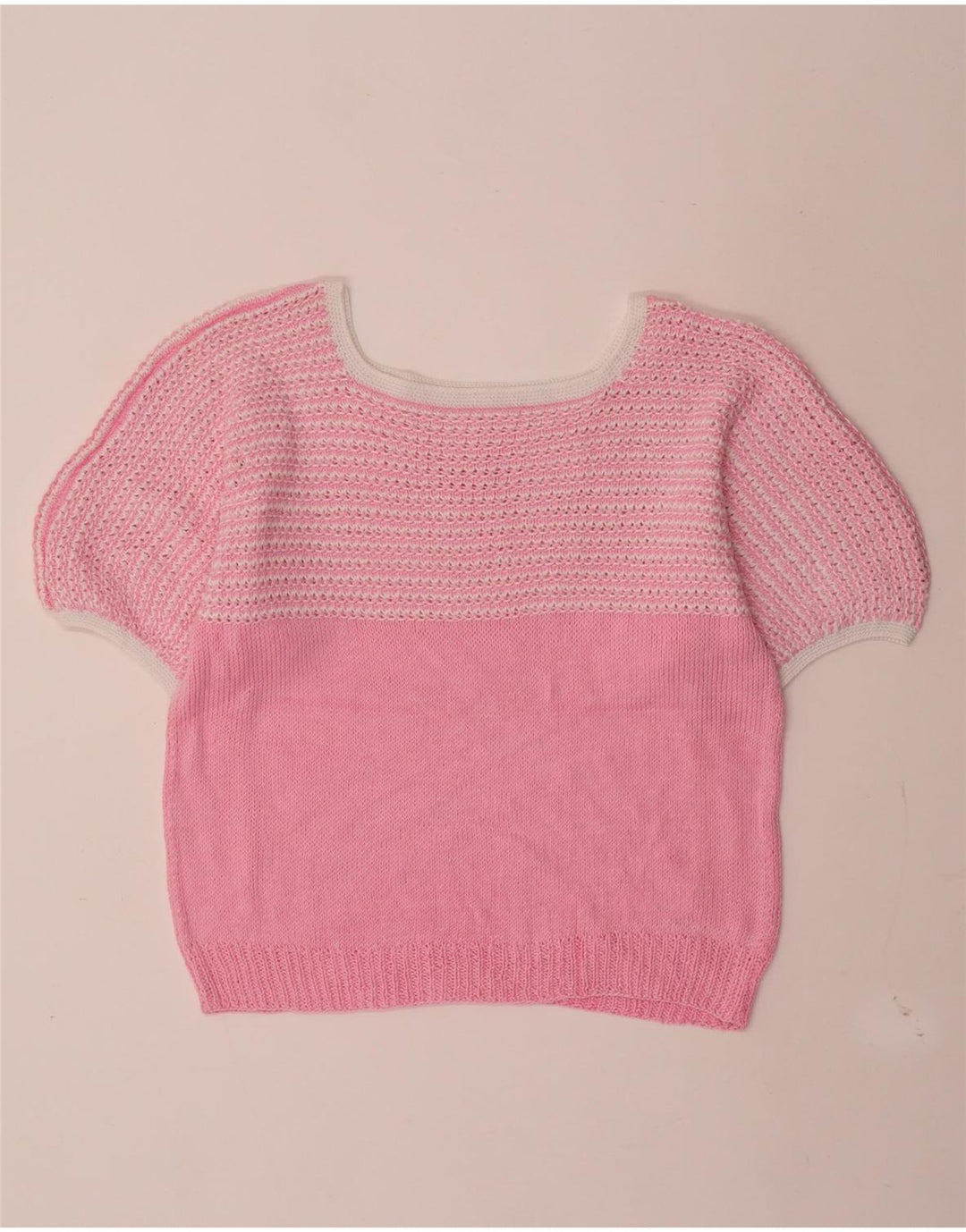 Suéter feminino vintage com gola canoa UK 12 listrado rosa médio