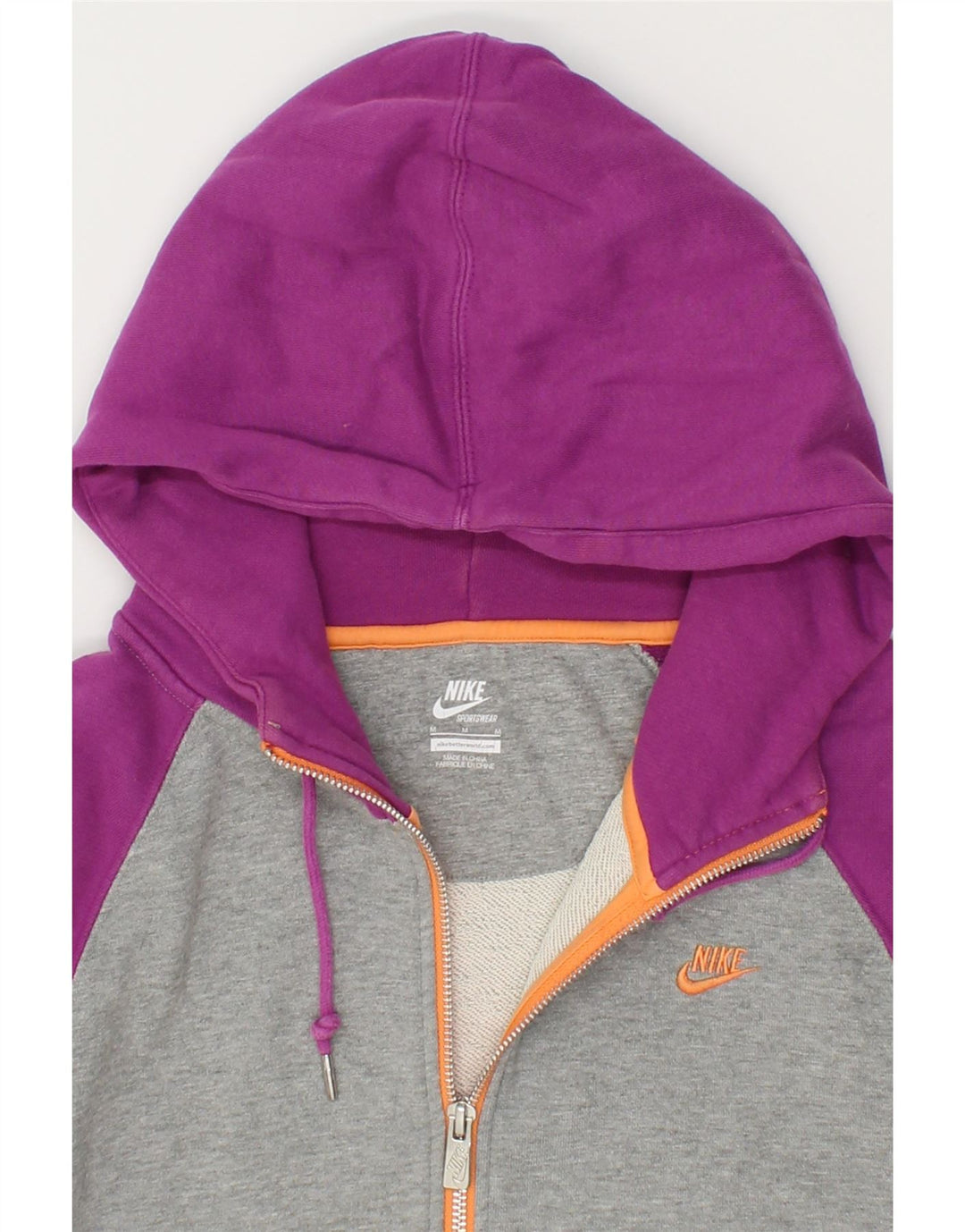 NIKE Womens Zip Hoodie Sweater UK 14 Medium Purple Colourblock Cotton Vintage Nike and Second-Hand Nike from Messina Hembry 