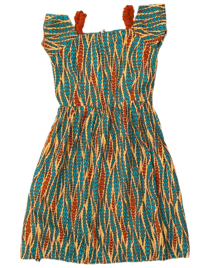 Vestido vintage feminino linha A UK 10 pequeno geométrico multicolorido