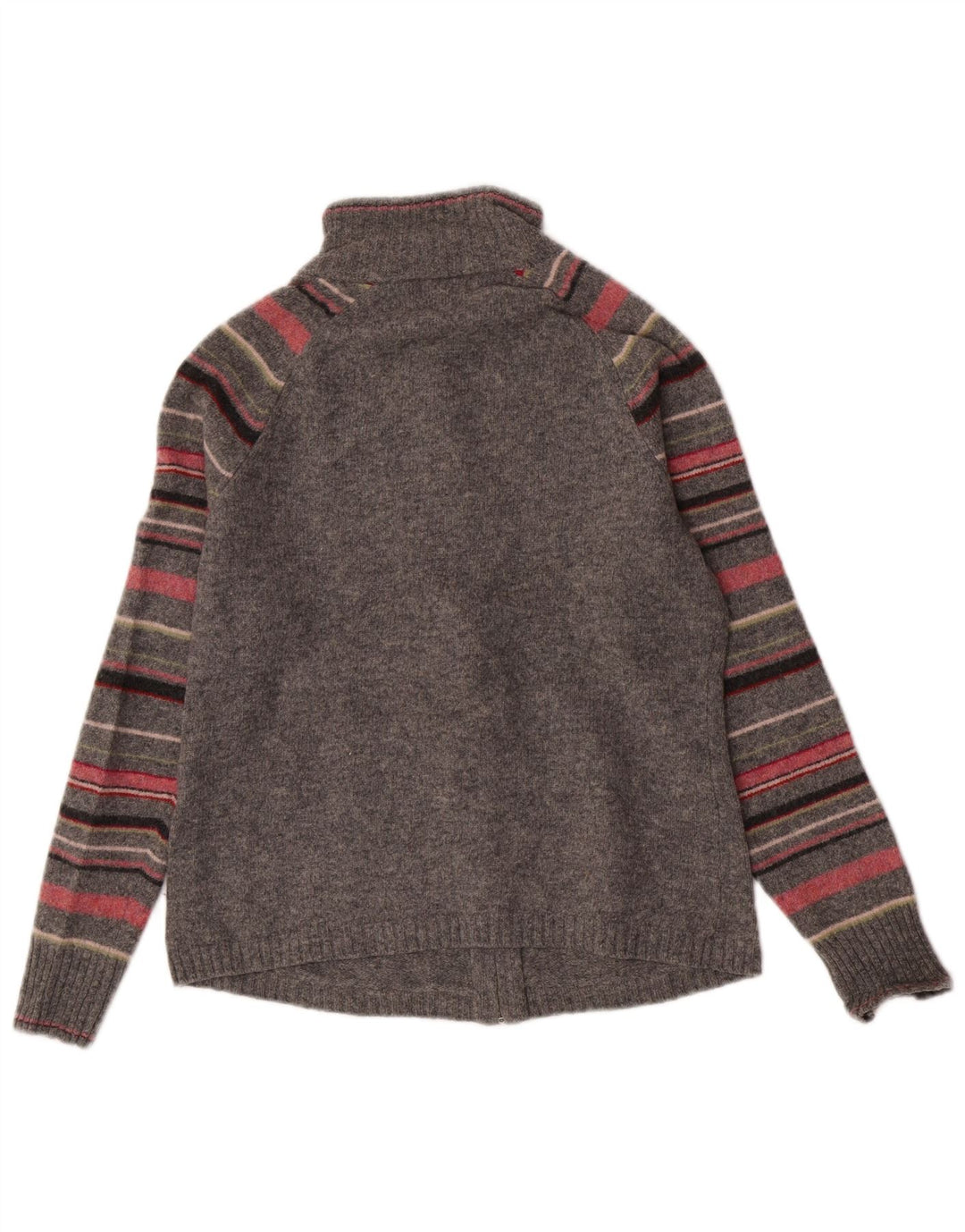 Suéter cardigã feminino Eddie Bauer Reino Unido 12 lã de carneiro listrada cinza médio