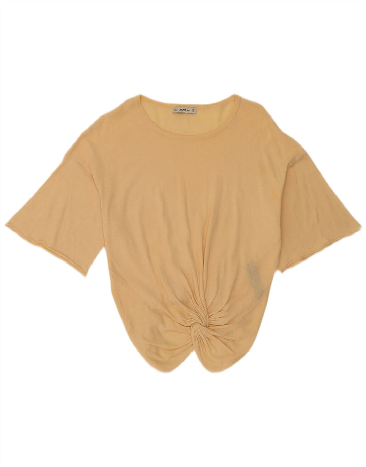 Zara blusa feminina manga 3/4 top Reino Unido 14 algodão bege médio