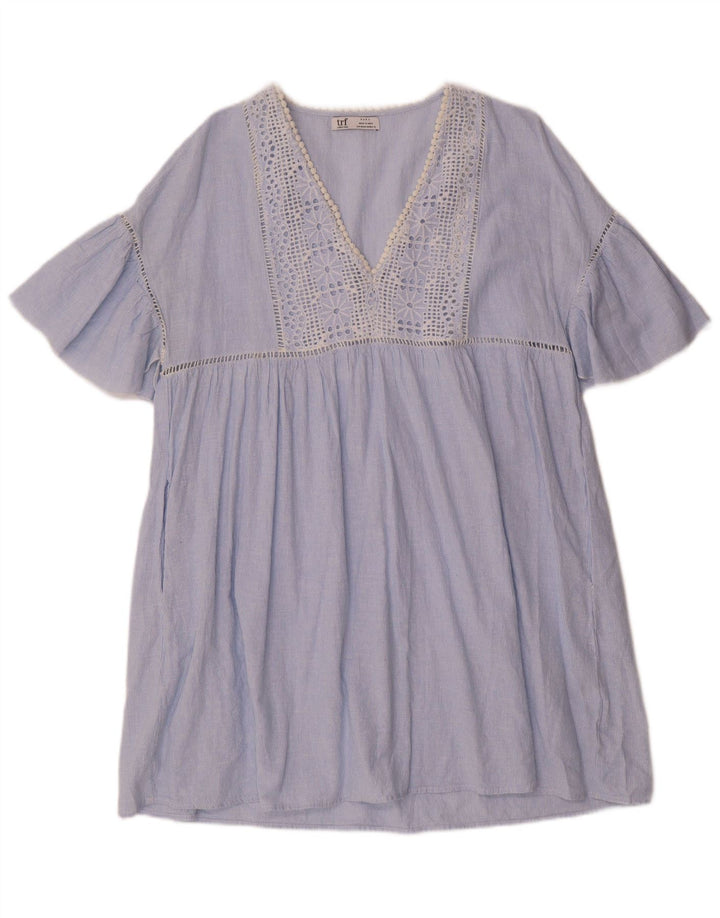 Vestido feminino ZARA UK 14 risca de giz azul médio