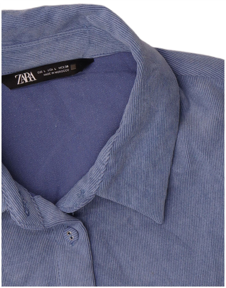 Camisa feminina de veludo cotelê Zara UK 16 grande azul poliéster