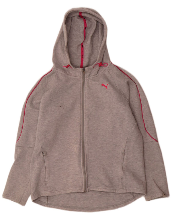 Suéter feminino Puma com capuz e zíper gráfico UK 14 grande algodão manchado cinza