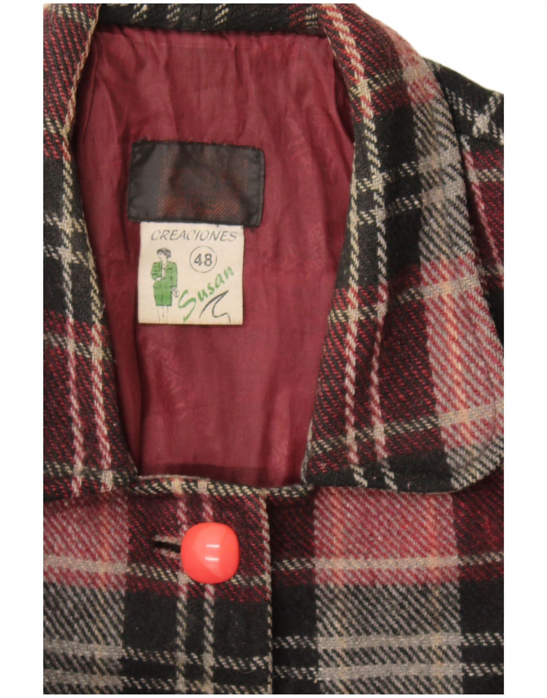 Sobretudo feminino vintage IT 48 XL lã xadrez borgonha