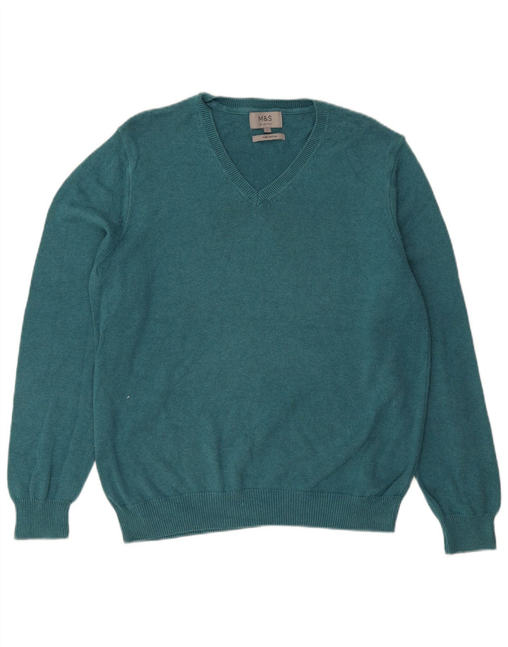 MARKS & SPENCER Suéter masculino com decote em V grande algodão azul