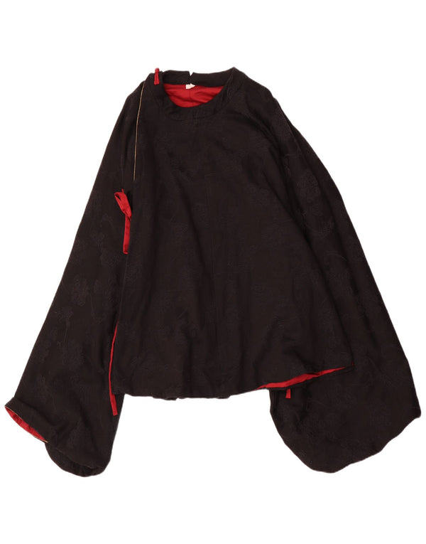 Blusa Poncho feminina vintage de manga comprida Top UK 12 médio preto floral