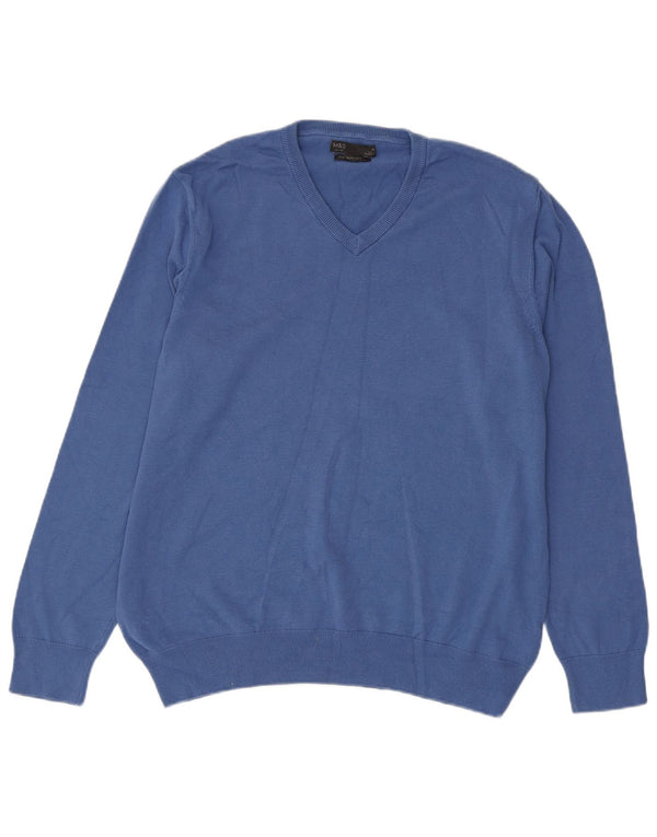 Suéter masculino Marks & Spencer com decote em V XL azul algodão clássico