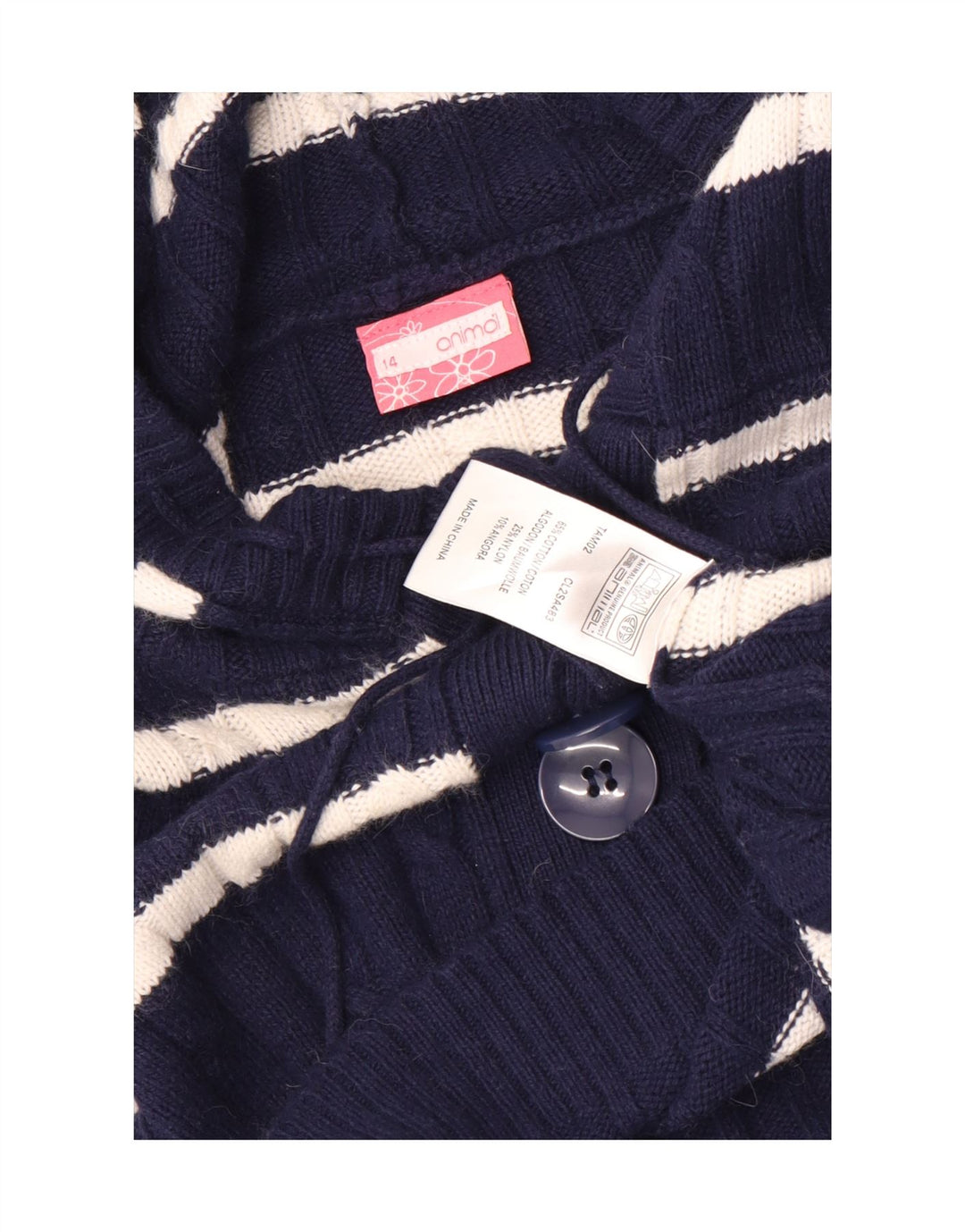 Suéter feminino Animal com gola redonda e botão UK 14 listrado azul marinho médio