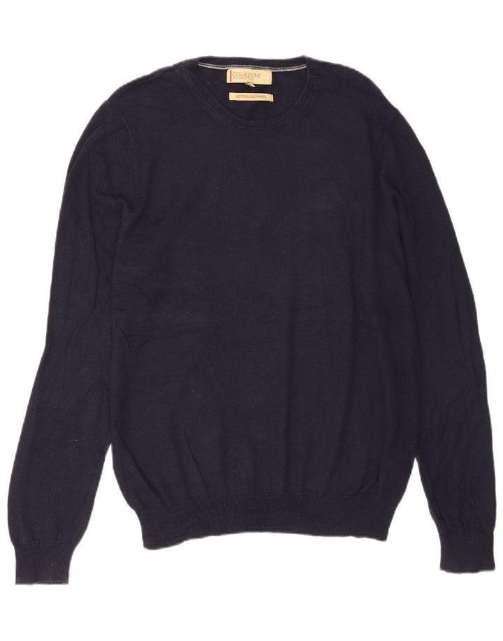 Suéter masculino Marks & Spencer com gola redonda, algodão azul marinho médio