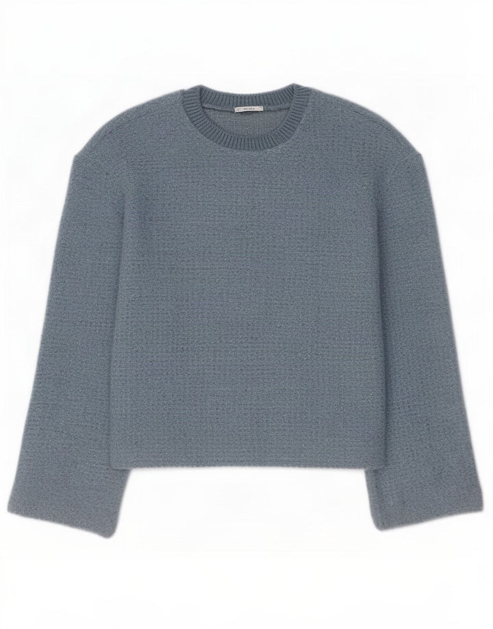 Zara Suéter feminino cropped com gola redonda Reino Unido 14 poliéster azul médio