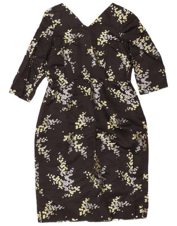 Vestido feminino vintage manga 3/4 com bainha UK 14 médio preto floral