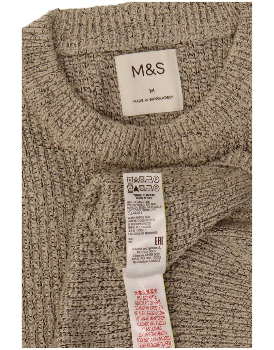 Suéter masculino Marks & Spencer com gola redonda, médio bege manchado