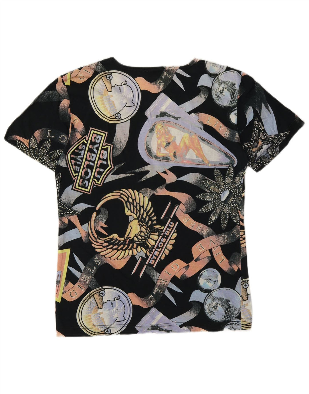 Camiseta feminina gráfica Byblos UK 12 algodão multicolorido médio