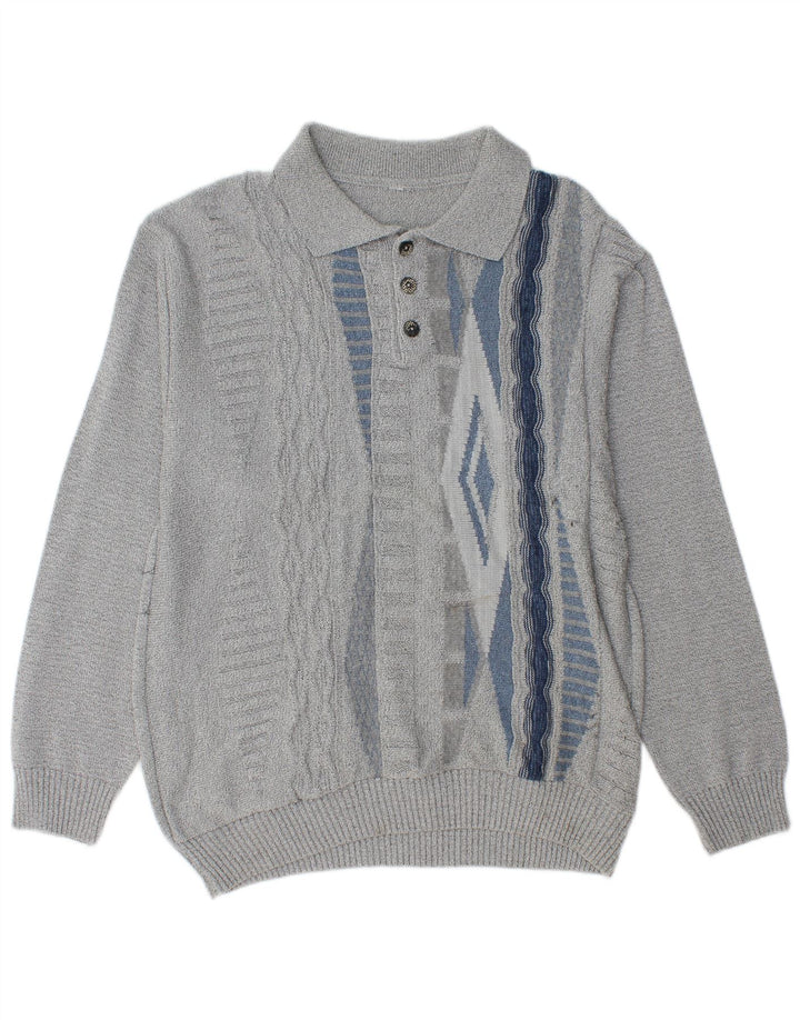 Suéter masculino vintage com gola polo e meio cinza geométrico