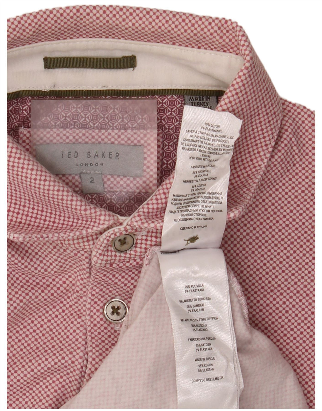 Camisa polo masculina Ted Baker tamanho 2 pequeno algodão manchado rosa