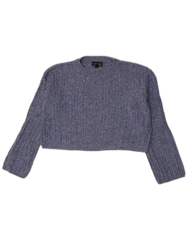 Topshop Suéter feminino cropped com gola redonda Reino Unido 10 pequeno azul manchado