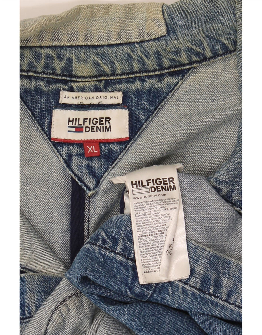 Jaqueta jeans feminina Tommy Hilfiger desgastada Reino Unido 18 XL azul patchwork