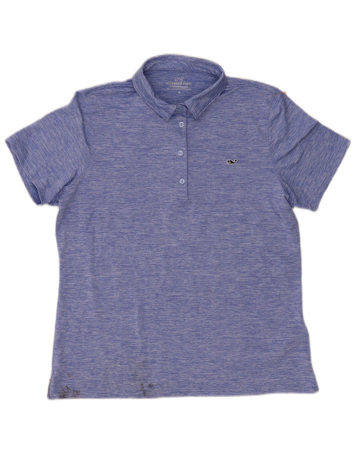 Camisa polo feminina Vineyard Vines UK 14 poliéster listrado azul médio