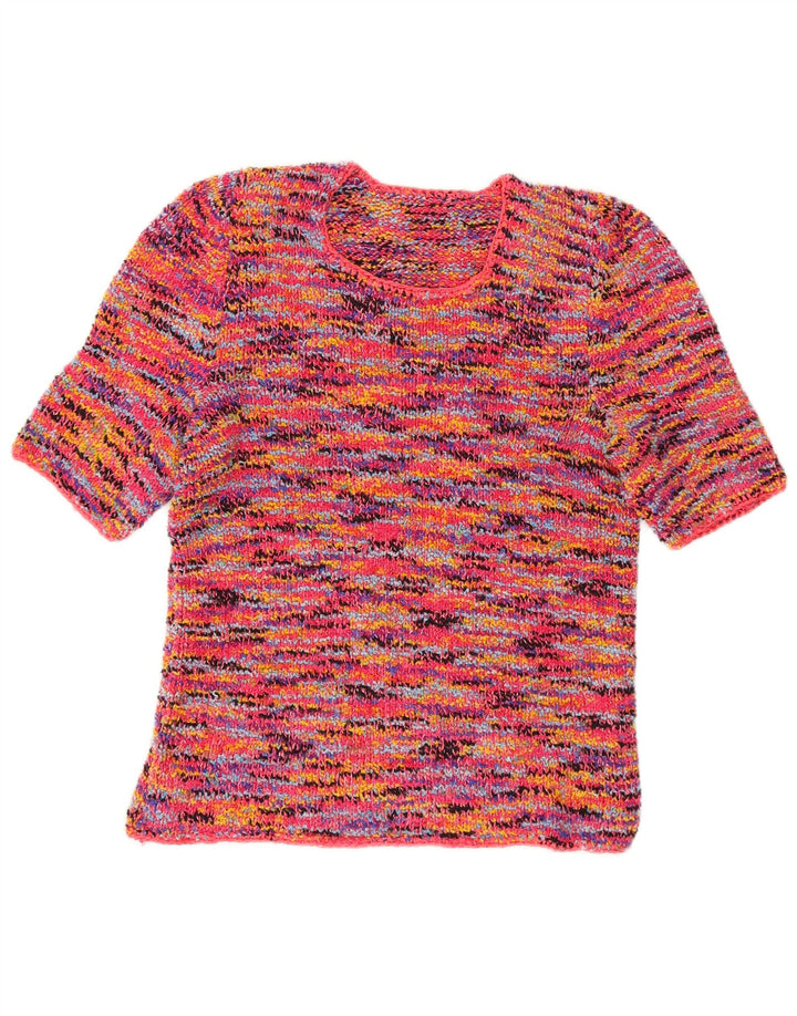 Suéter feminino vintage com gola redonda UK 10 pequeno multicolorido manchado