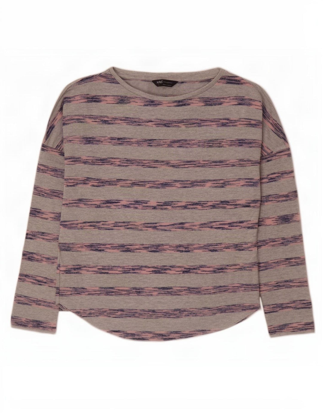 Top feminino Marks & Spencer de manga comprida UK 10 viscose listrada cinza pequena