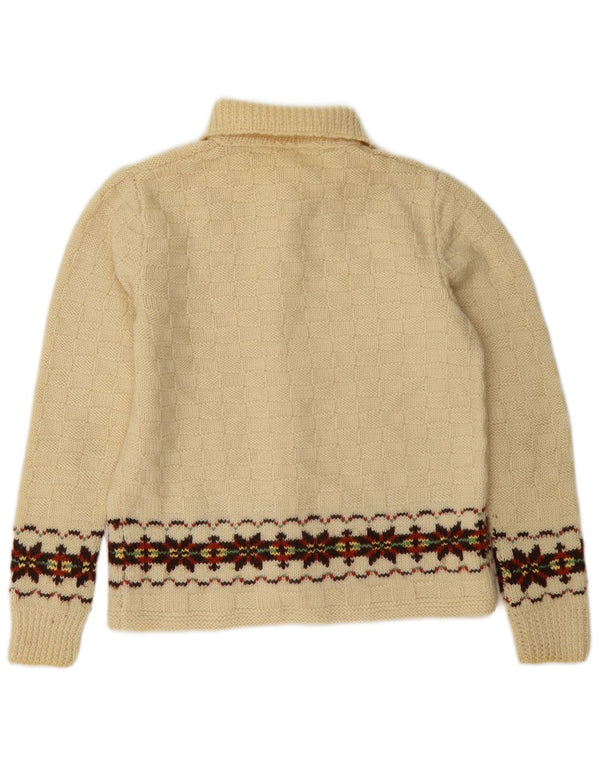 Suéter cardigã feminino vintage Reino Unido 10 pequeno off white Fair Isle