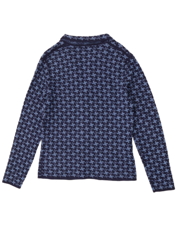 Suéter cardigã masculino vintage IT 50 lã houndstooth azul médio