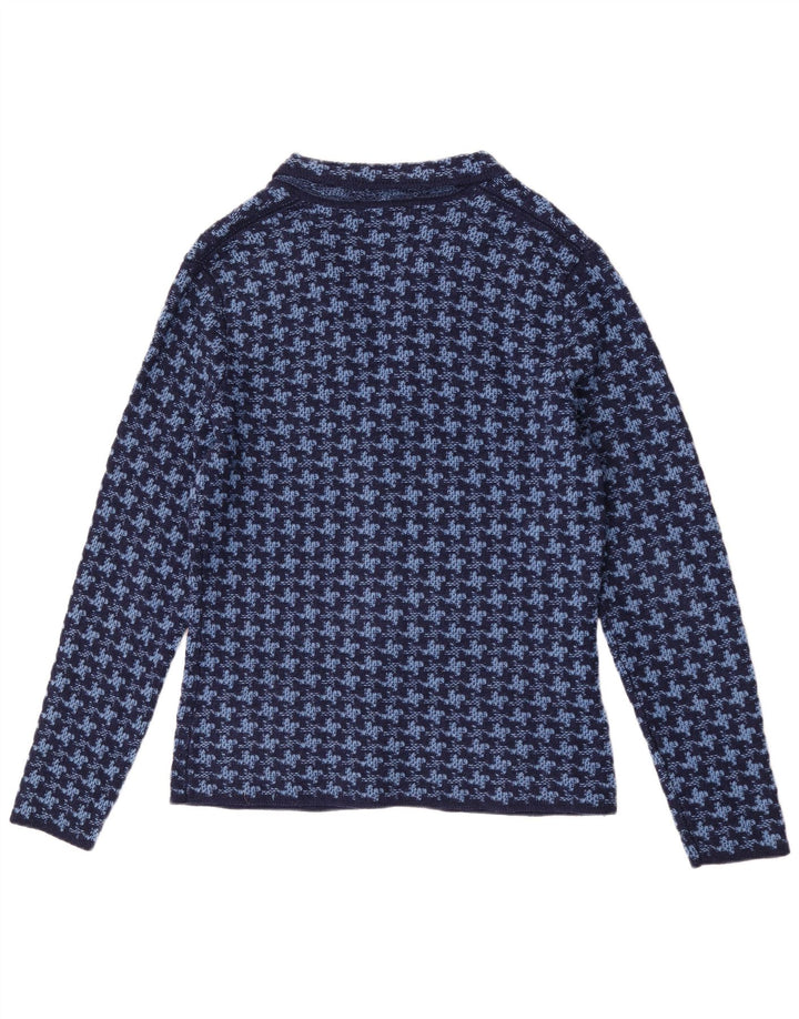 Suéter cardigã masculino vintage IT 50 lã houndstooth azul médio