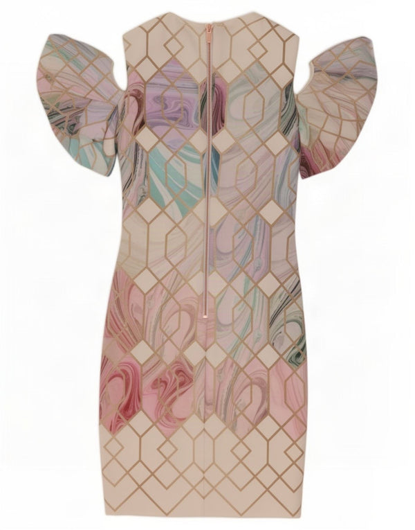 Vestido bodycon feminino Ted Baker sem ombro tamanho 1 XS branco geométrico