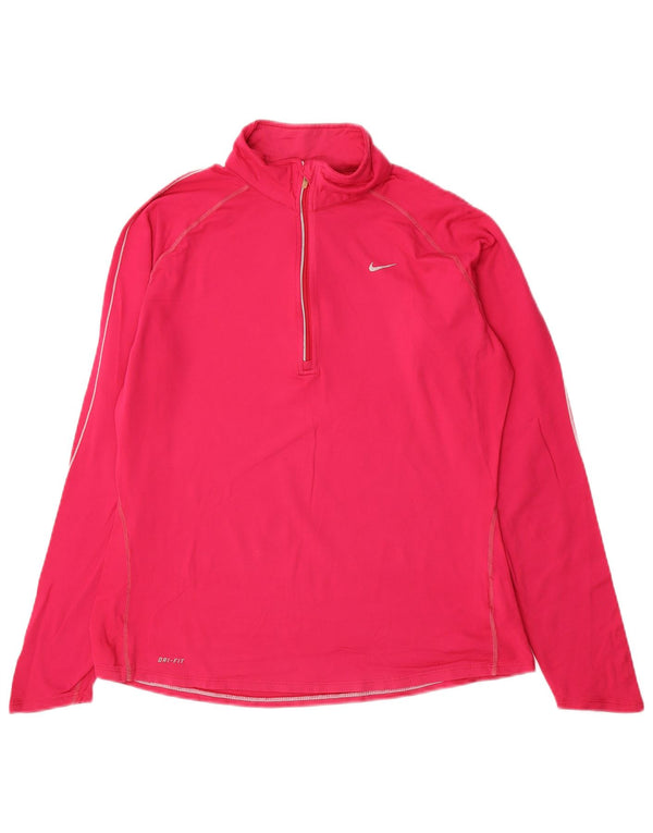 Nike Womens Dri Fit Zip Neck Pullover Treino Top UK 16 Grande Rosa Nylon