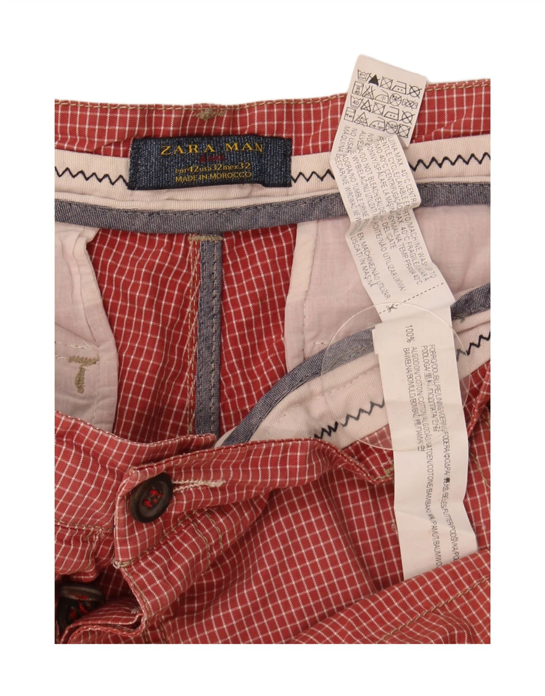 Zara Mens Chino Shorts EU 42 Grande W32 Algodão Xadrez Vermelho