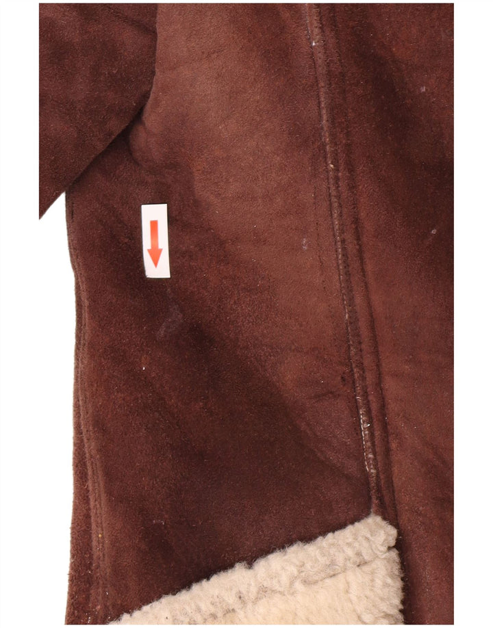 Casaco feminino vintage de shearling UK 10 pequeno bloco colorido marrom