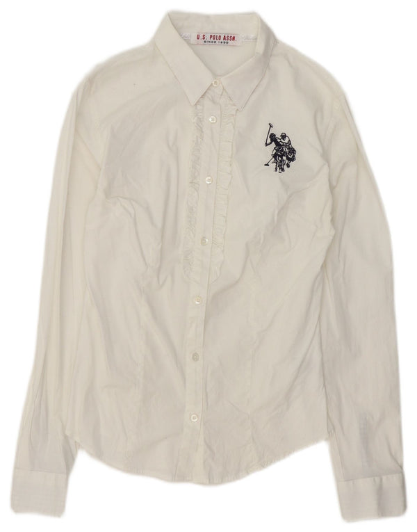 US Polo Assn. Camisa feminina estampada frontal com babados UK 10 algodão branco pequeno
