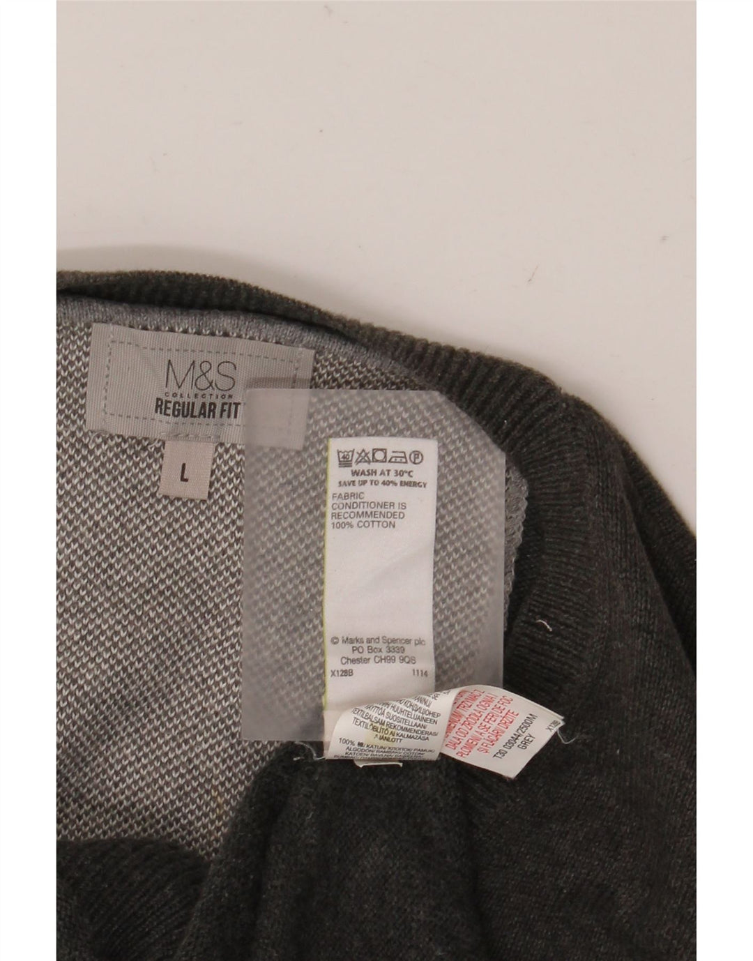 Suéter masculino Marks & Spencer com ajuste regular e decote em V, grande algodão cinza