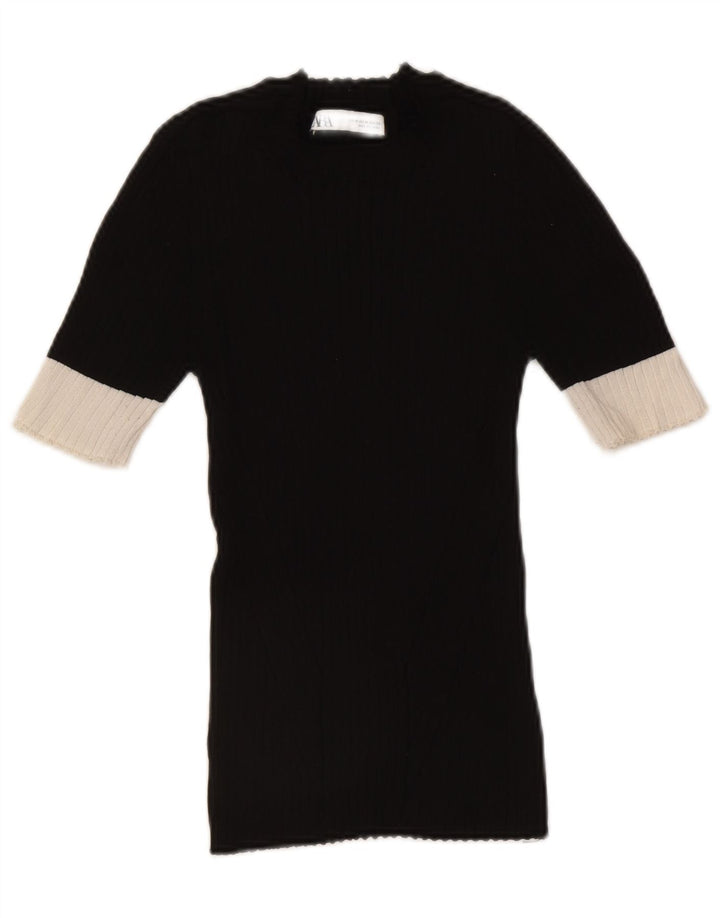 Suéter feminino Zara com gola redonda e bloco colorido preto médio UK 12