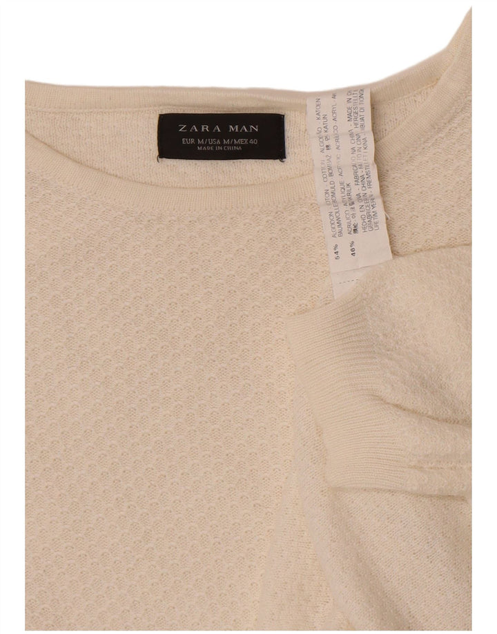 Zara Suéter masculino com gola redonda, algodão geométrico branco médio