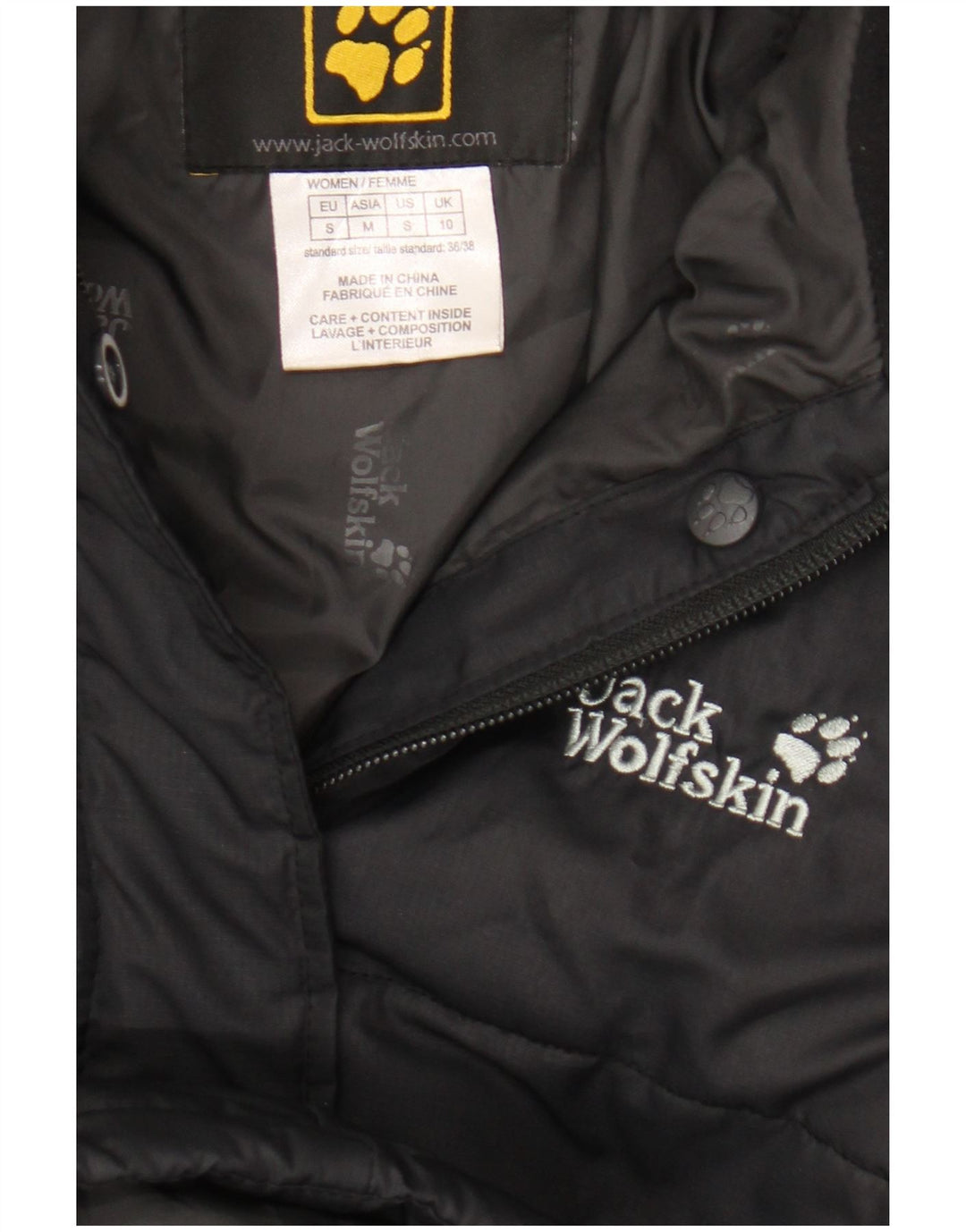 Casaco acolchoado com capuz feminino Jack Wolfskin Reino Unido 10 pequeno poliéster preto