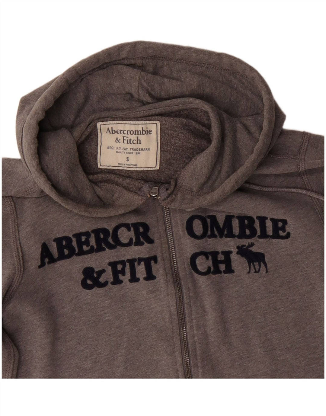 ABERCROMBIE & FITCH Suéter masculino com capuz e zíper gráfico pequeno algodão cinza