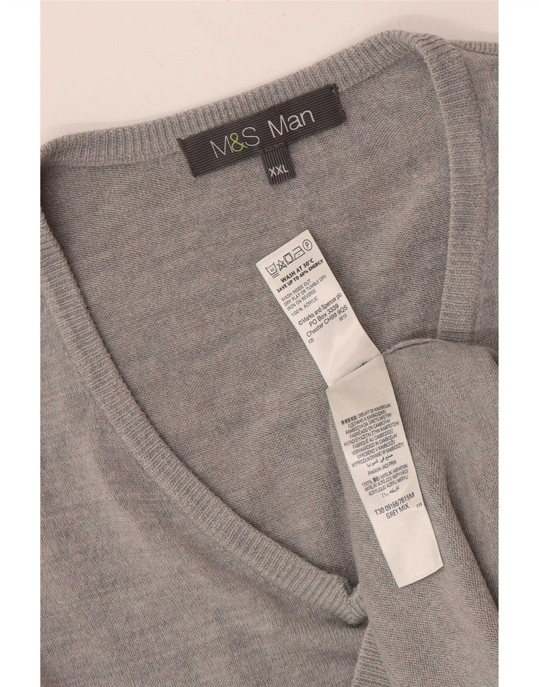 Suéter masculino Marks & Spencer com decote em V 2XL cinza acrílico