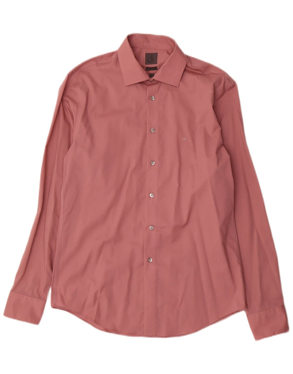 Camisa masculina Calvin Klein Slim Fit tamanho 40 15 3/4 algodão rosa médio