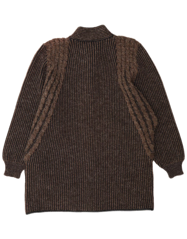 Suéter cardigã feminino vintage longline Reino Unido 14 risca de giz marrom médio