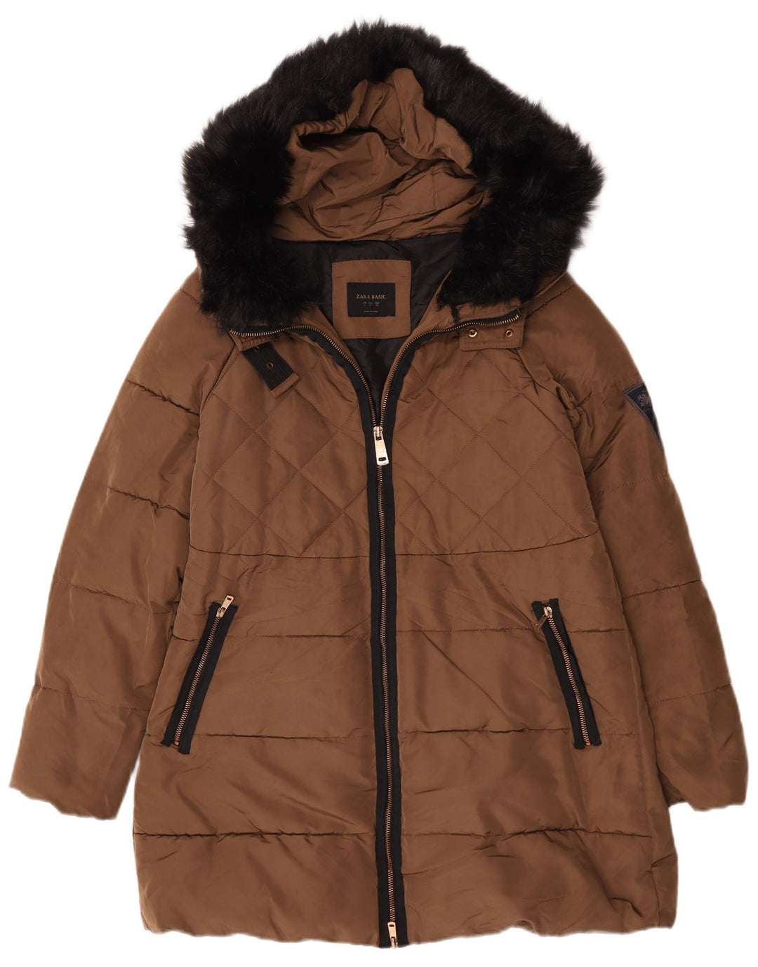Casaco acolchoado com capuz feminino Zara UK 16 grande poliéster marrom