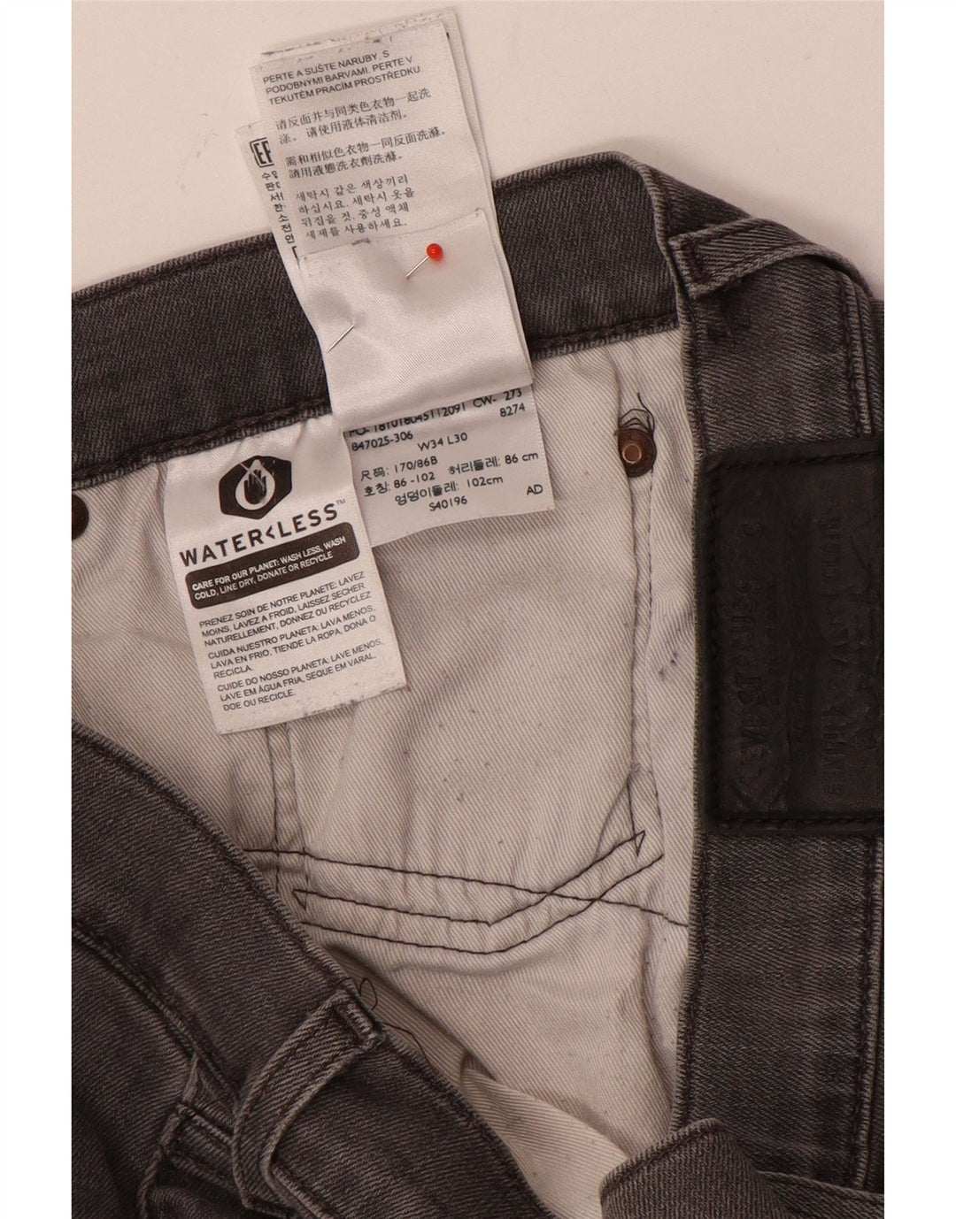 Jeans retos masculinos Levi's W34 L30 algodão cinza