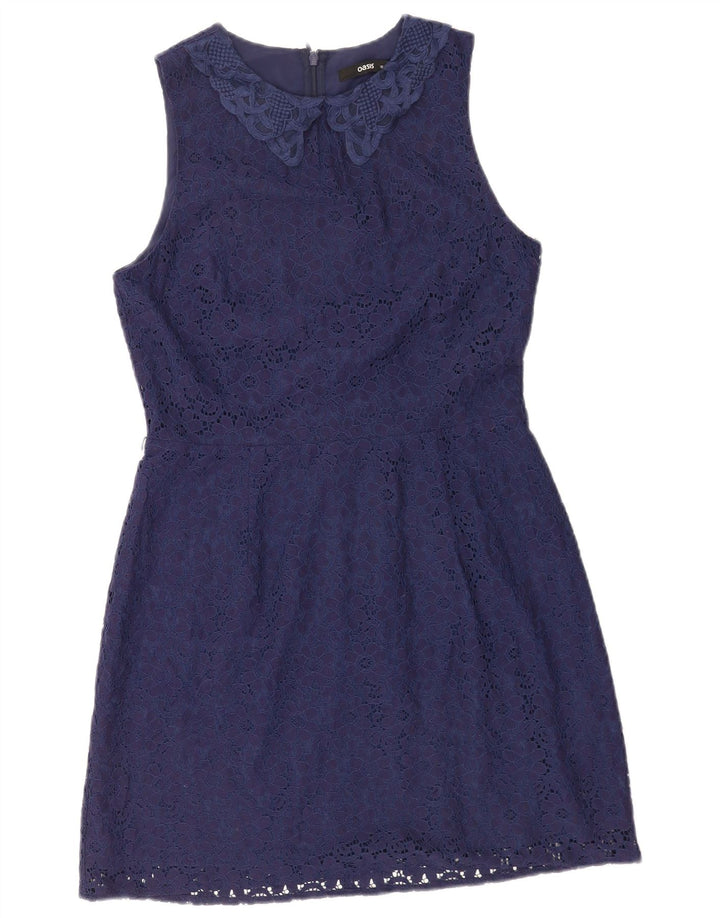 Vestido feminino Oasis sem mangas evasê UK 12 médio azul marinho poliamida