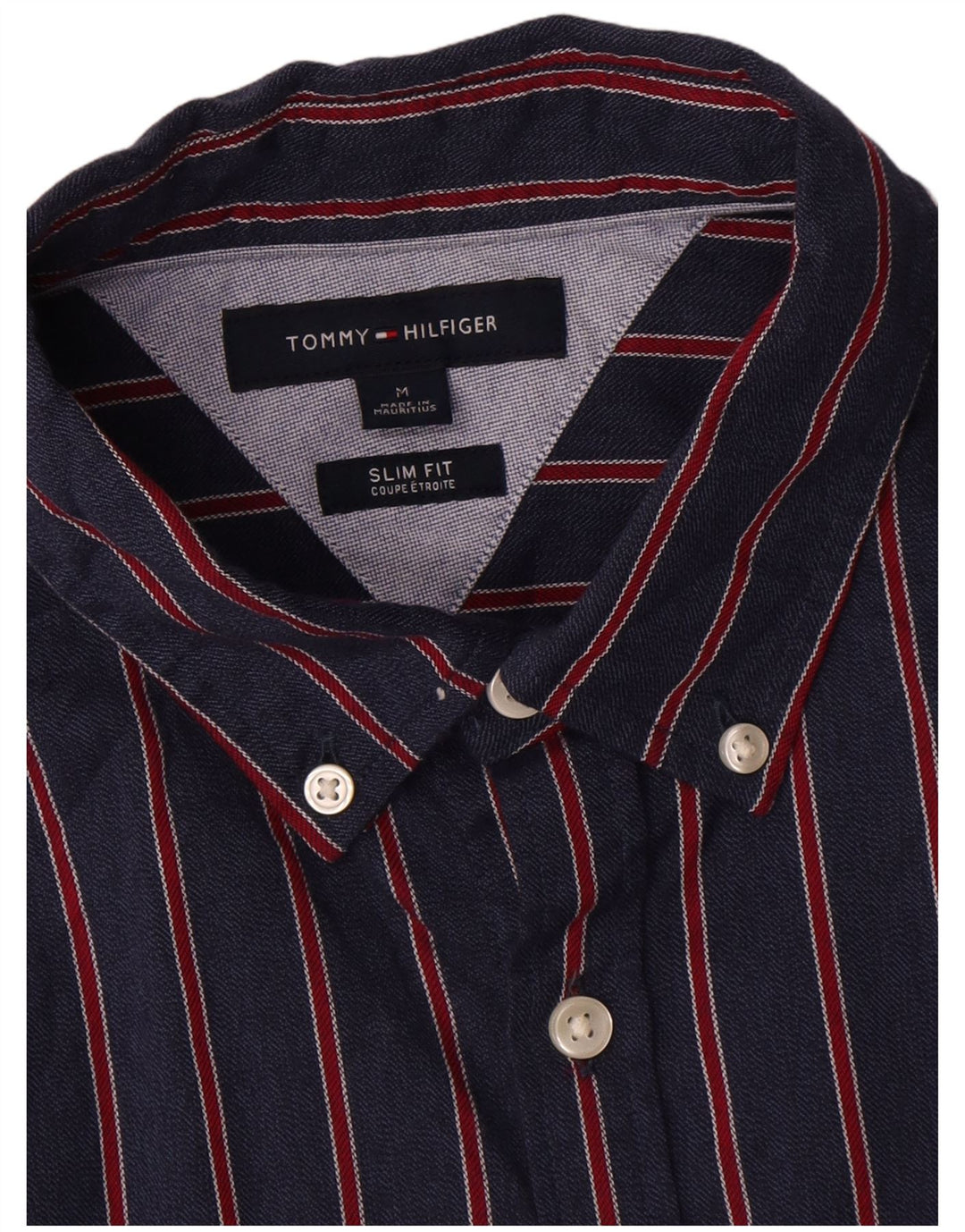 Camisa masculina Tommy Hilfiger Slim Fit média azul marinho listrada de algodão