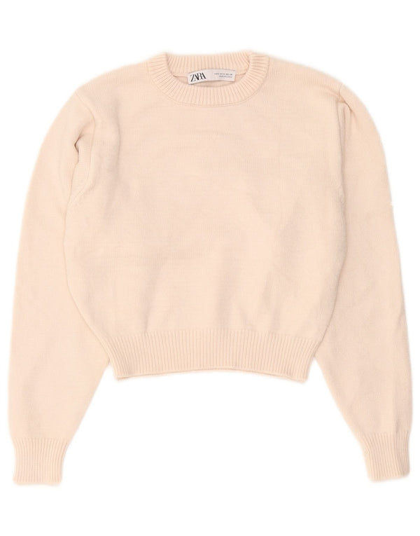 Zara Suéter feminino cropped com gola redonda Reino Unido 10 pequeno bege viscose
