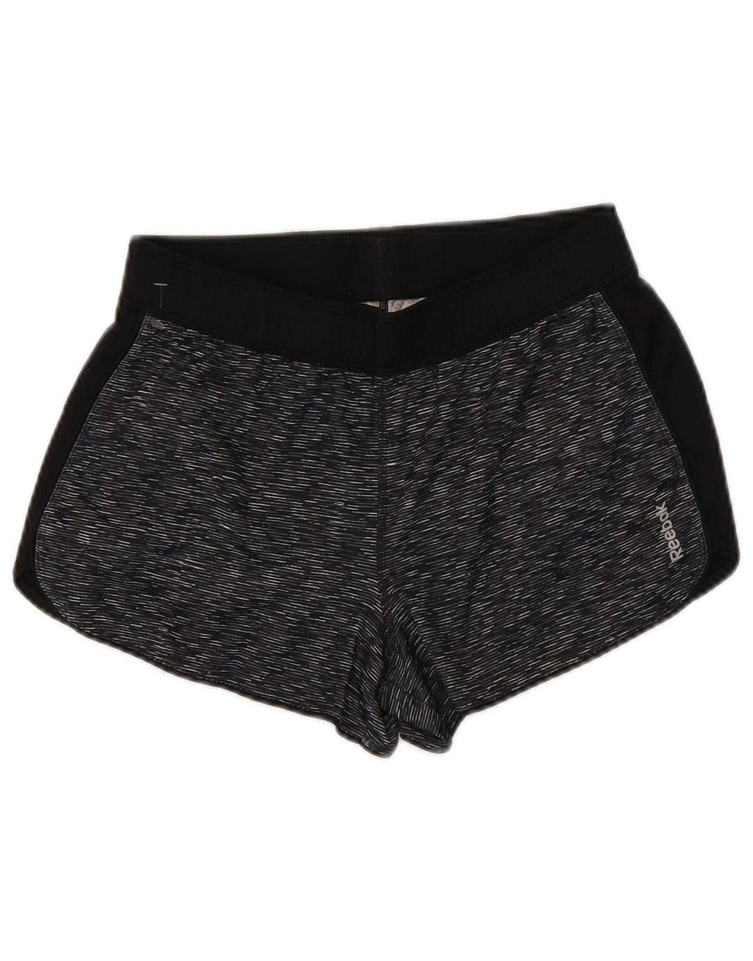Shorts esportivos femininos REEBOK UK 10 poliéster manchado cinza pequeno