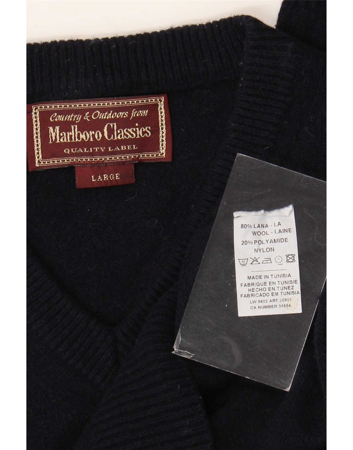 Suéter masculino Marlboro Classics com decote em V grande lã azul marinho